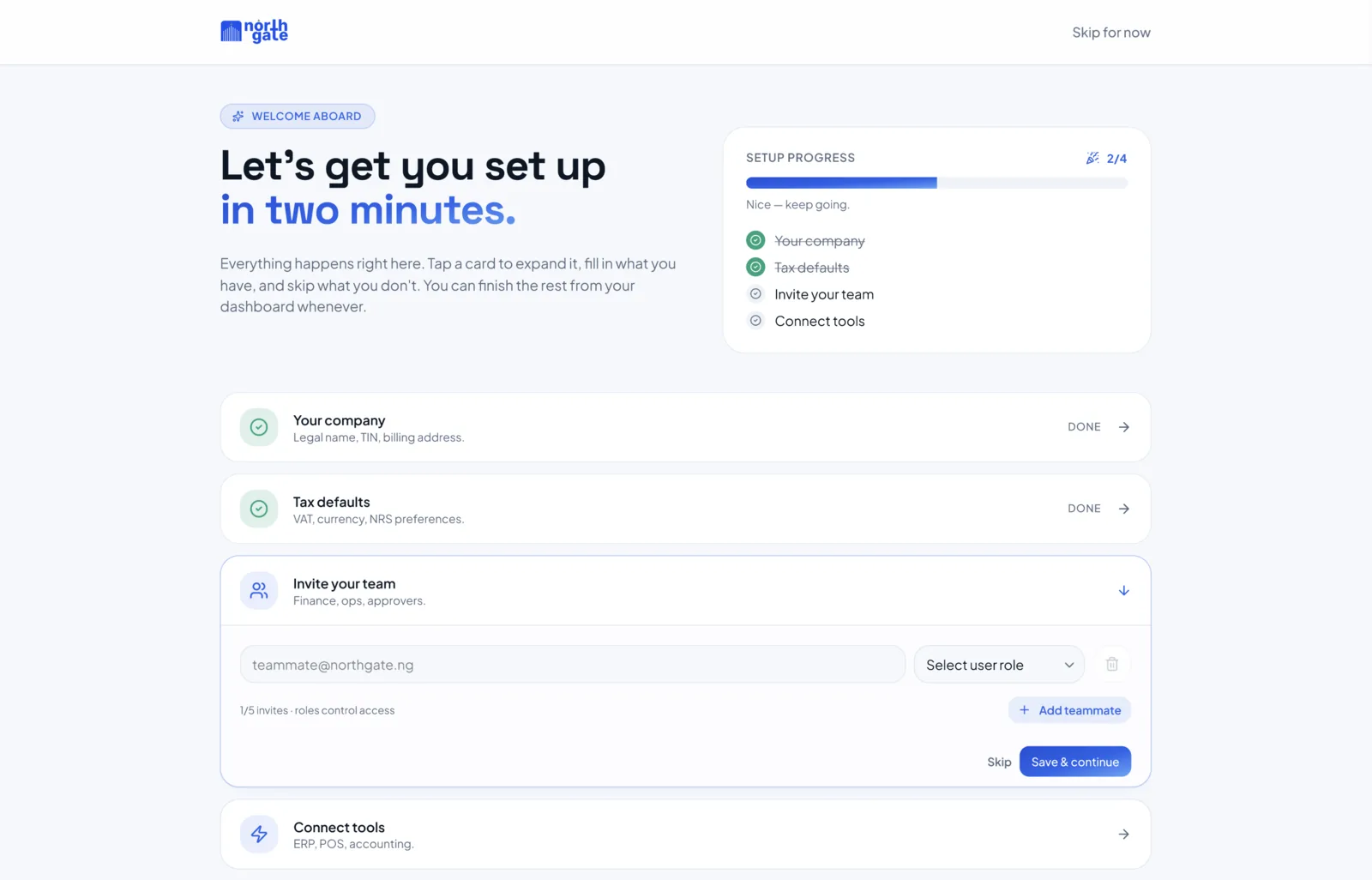 NorthGate E-invoicing onboarding part-way through: company and tax defaults complete, team invitations open, and connecting an ERP, POS or accounting system still to do.