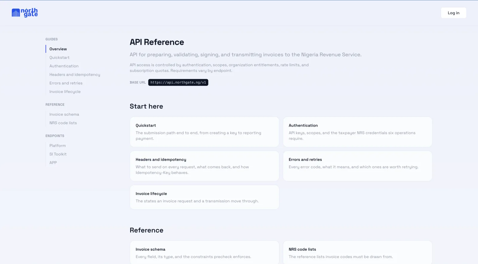 NorthGateOS API reference: sections for quickstart, authentication, headers and idempotency, errors and retries, and the invoice lifecycle.